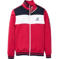 Bluza rozpinana bonprix czerwono-ciemnoniebiesko-biały z nadrukiem. Czerwone bluzy męskie bonprix, s, z nadrukiem, bez kołnierzyka, bez rękawów, bez kaptura. Za 79,99 zł.