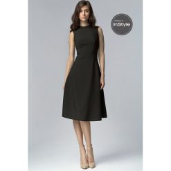 Czarna elegancka sukienka midi. Czarne sukienki damskie NIFE, na imprezę, s, bez wzorów, z elastanu, eleganckie, bez kołnierzyka, bez rękawów, midi, rozkloszowane. Za 179,90 zł.