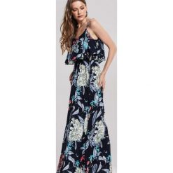 Granatowa Sukienka Flabby. Niebieskie sukienki damskie other, s, w kwiaty, eleganckie, bez kołnierzyka, z długim rękawem, długie, maxi. Za 59,99 zł.