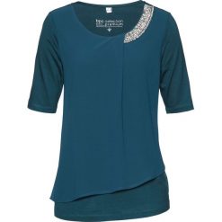 Shirt Premium z wstawką z tkaniny bonprix niebieskozielony morski. Niebieskie koszulki damskie bonprix, z aplikacjami, z tkaniny, eleganckie, z okrągłym kołnierzem, bez rękawów. Za 109,99 zł.