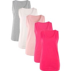 Długi top (5 sztuk) bonprix ciemnoróżowy + różowy hibiskus + perłowy jasnoróżowy + biel wełny + szary melanż. Czerwone topy damskie bonprix, melanż, z wełny. Za 84,95 zł.