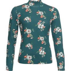 Shirt z dżerseju ze stójką bonprix niebieskozielony w kwiaty. Niebieskie koszulki damskie bonprix, z nadrukiem, z dżerseju, ze stójką, z długim rękawem. Za 54,99 zł.