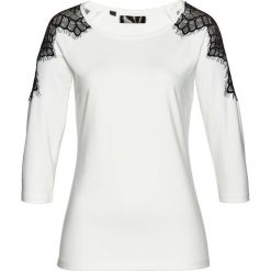 Shirt z długim rękawem bonprix biel wełny - czarny. Białe koszulki damskie bonprix, w koronkowe wzory, z wełny, z okrągłym kołnierzem, z długim rękawem. Za 54,99 zł.