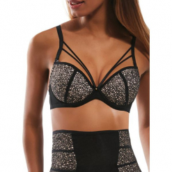 Biustonosz brassiere w kolorze czarnym. Czarne biustonosze z fiszbinami marki Kris Line, z haftami. W wyprzedaży za 99,95 zł.