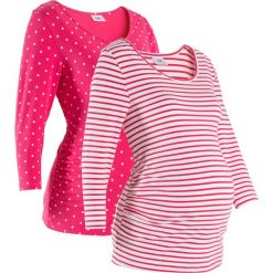 Shirt ciążowy biznesowy (2 szt.), bawełna organiczna bonprix różowy hibiskus -biel wełny w groszki + w paski. Różowe koszulki damskie bonprix, w paski, z bawełny, biznesowe, bez kołnierzyka. Za 99,98 zł.