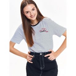 T-SHIRT DAMSKI W DROBNE PASKI. Czarne t-shirty damskie TROLL, l, w paski, z bawełny, z dekoltem w serek. W wyprzedaży za 24,99 zł.