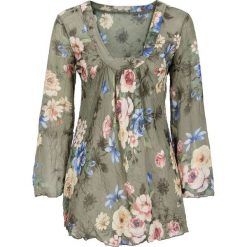 Bluzka bonprix khaki w kwiaty. Zielone bluzki z odkrytymi ramionami bonprix, w kwiaty, z okrągłym kołnierzem. Za 89,99 zł.