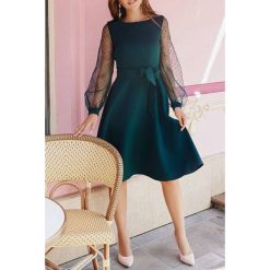 Sukienka ZIRDA PETROL. Żółte sukienki damskie IVET, xl, w paski, z tiulu, eleganckie, bez kołnierzyka, bez rękawów, długie, rozkloszowane. W wyprzedaży za 89,00 zł.