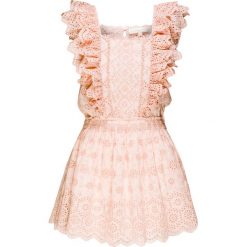Sukienka LOVESHACKFANCY DORA. Brązowe sukienki damskie LoveShackFancy, na lato, z haftami, z bawełny, z falbankami, z krótkim rękawem, krótkie, mini. W wyprzedaży za 1358,00 zł.