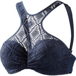 Biustonosz bikini w kolorze granatowym. Niebieskie bikini Najlepsze stroje na plażę, w koronkowe wzory, z materiału. W wyprzedaży za 95,95 zł.