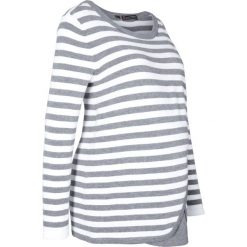 Sweter ciążowy i do karmienia bonprix szary melanż - biel wełny w paski. Szare swetry damskie bonprix, w paski, z wiskozy, bez rękawów, długie, bez kaptura. Za 99,99 zł.