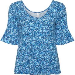 Shirt oversize z rękawami z falbanami bonprix ciemnoniebiesko-jasnoniebieski. Niebieskie koszulki damskie bonprix, bez wzorów, bez kołnierzyka, bez rękawów. Za 59,99 zł.