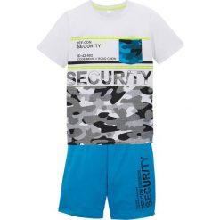 Shirt chłopięcy + krótkie spodnie (2 części) bonprix turkusowo-biały z nadrukiem. Niebieskie t-shirty chłopięce bonprix, z nadrukiem, z krótkim rękawem. Za 49,99 zł.
