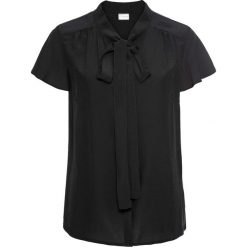 Bluzka z krawatką, krótki rękaw bonprix czarny. Czarne bluzki wizytowe marki bonprix, eleganckie, z krótkim rękawem. Za 74,99 zł.