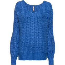 Sweter dzianinowy bonprix lazurowy. Niebieskie swetry klasyczne damskie bonprix, z dzianiny, z dekoltem w serek. Za 89,99 zł.