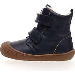 Skórzane botki zimowe "Bub" w kolorze granatowym. Niebieskie buciki niemowlęce Naturino, na zimę, z wełny, bez zapięcia. W wyprzedaży za 179,95 zł.
