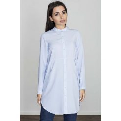 Niebieska Koszula -Tunika Zapinana Na Zatrzaski. Niebieskie bluzki damskie marki Molly.pl, s, bez wzorów, ze stójką. Za 109,90 zł.