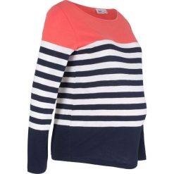 Shirt ciążowy, długi rękaw bonprix koralowo-biało-ciemnoniebieski w paski. Czerwone bluzki ciążowe bonprix, w paski, bez kołnierzyka, z długim rękawem. Za 74,99 zł.