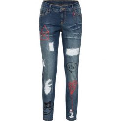 Dżinsy SKINNY z malowanymi motywami bonprix niebieski "stone”. Niebieskie jeansy damskie marki House, z jeansu. Za 79,99 zł.