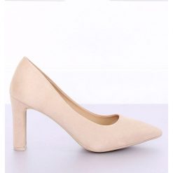 Brązowe Czółenka na słupku beżowe LE056P Beige. Pomarańczowe czółenka damskie ButyModne, na co dzień, bez wzorów, z zamszu, bez obcasa, na słupku. W wyprzedaży za 96,37 zł.