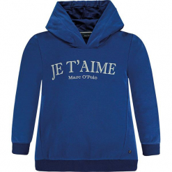 Bluza w kolorze niebieskim. Białe bluzy dziewczęce rozpinane marki Marc O'Polo Junior, z nadrukiem, z okrągłym kołnierzem, z długim rękawem. W wyprzedaży za 105,95 zł.