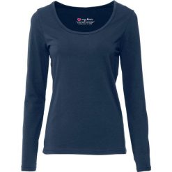 Shirt ze stretchem, długi rękaw bonprix ciemnoniebieski. Niebieskie koszulki damskie marki bonprix, bez wzorów, z okrągłym kołnierzem. Za 34,99 zł.