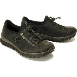 RIEKER M6269-02 black, półbuty damskie. Czarne półbuty damskie Rieker, bez wzorów, z gumy, bez obcasa, bez zapięcia. Za 279,90 zł.
