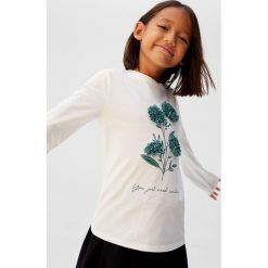 Mango Kids - Longsleeve dziecięcy Spirit 110-152 cm. Białe bluzki dziewczęce Mango Kids, z nadrukiem, z bawełny, z okrągłym kołnierzem, z krótkim rękawem, krótkie, bez kaptura. Za 59,90 zł.