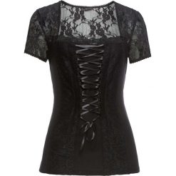 Shirt koronkowy ze sznurowaniem bonprix czarny. Czarne koszulki damskie bonprix, w koronkowe wzory, z elastanu, eleganckie, bez kołnierzyka, bez rękawów. Za 109,99 zł.