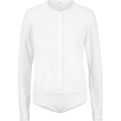 Body koszulowe bonprix biały. Białe koszulki damskie bonprix, z aplikacjami, z koronki, z koszulowym kołnierzykiem, bez rękawów. Za 99,99 zł.