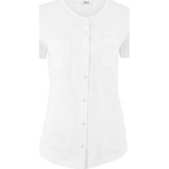 Shirt z krótkim rękawem i plisą guzikową bonprix biały. Białe koszulki damskie marki bonprix, bez wzorów, bez kołnierzyka, z krótkim rękawem. Za 34,99 zł.