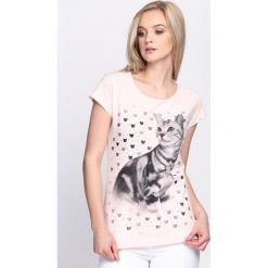 Różowy T-shirt Felinity. Czerwone bluzki damskie marki Born2be, l. Za 14,99 zł.