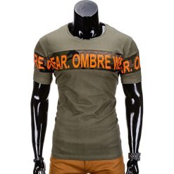T-shirt męski z nadrukiem S842 - khaki. Brązowe t-shirty męskie Ombre Clothing, s, z nadrukiem, bez kołnierzyka. Za 24,99 zł.
