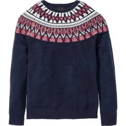 Sweter w norweski wzór bonprix ciemnoniebieski. Niebieskie swetry męskie bonprix, s, bez wzorów, z okrągłym kołnierzem, bez kaptura. Za 69,99 zł.