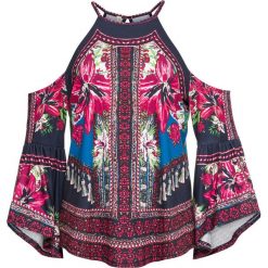 Bluzka shirtowa z wycięciami bonprix kobaltowy z nadrukiem. Niebieskie bluzki damskie bonprix, z nadrukiem, bez kołnierzyka, bez rękawów. Za 99,99 zł.