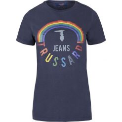 T-shirt Trussardi Jeans. Niebieskie koszulki damskie na co dzień, s, bez wzorów, z jeansu, z włoskim kołnierzykiem, bez rękawów. Za 99,00 zł.