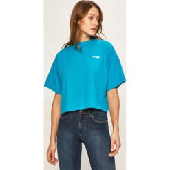 Wrangler - T-shirt. Niebieskie bluzki damskie Wrangler, s, bez wzorów, z bawełny, casualowe, z okrągłym kołnierzem, z krótkim rękawem. W wyprzedaży za 99,90 zł.