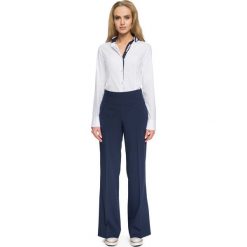 Granatowe Szerokie Spodnie z Wysokim Stanem. Niebieskie spodnie damskie Molly.pl, s, bez wzorów, ze skóry, eleganckie, z podwyższonym stanem. Za 124,90 zł.