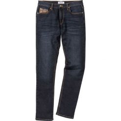 Dżinsy ze stretchem, z elementami ze sztucznej skóry Slim Fit Straight bonprix ciemny denim. Niebieskie jeansy męskie bonprix, m, bez wzorów. Za 109,99 zł.