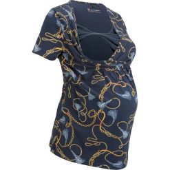 Shirt ciążowy i do karmienia z bawełny organicznej bonprix ciemnoniebieski wzorzysty. Niebieskie koszulki damskie bonprix, z nadrukiem, z bawełny, bez kołnierzyka, bez rękawów. Za 74,99 zł.