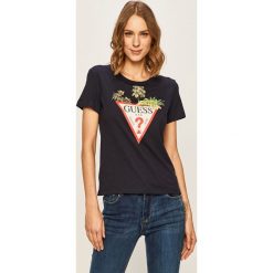 Guess Jeans - T-shirt. Białe bluzki damskie Guess Jeans, s, z nadrukiem, z bawełny, z okrągłym kołnierzem. Za 169,90 zł.