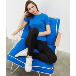 Koszulka ribbowa. Niebieskie koszulki damskie Moodo, xs, bez wzorów, z elastanu, z okrągłym kołnierzem, z krótkim rękawem. Za 34,99 zł.