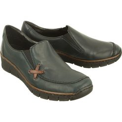 RIEKER 53783-14 blue, półbuty damskie. Niebieskie koturny damskie Rieker, bez obcasa, na koturnie, bez zapięcia. Za 239,90 zł.