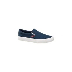 Granatowe wsuwane tenisówki męskie Jack + Jones. Niebieskie trampki męskie bez wzorów, z gumy, sportowe, bez zapięcia. Za 139,90 zł.
