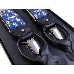 Granatowe szelki we wzór paisley na żabki i na guziki G62. Szelki męskie Modini Moda Męska. W wyprzedaży za 99,00 zł.