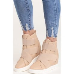 Beżowe Sneakersy Maritta. Brązowe koturny damskie marki Born2be, z okrągłym noskiem, bez obcasa, na koturnie, na rzepy. Za 79,99 zł.