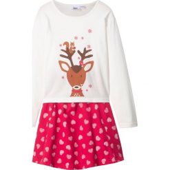 Shirt z długim rękawem + spódniczka (2 części) bonprix biel wełny - czerwony. Czerwone spódniczki dziewczęce marki bonprix, z nadrukiem, z wełny, długie. Za 32,99 zł.
