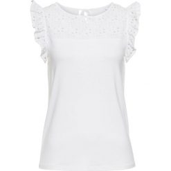 Shirt z koronką bonprix biały. Białe koszulki damskie bonprix, w koronkowe wzory, z koronki, bez kołnierzyka, bez rękawów. Za 64,99 zł.