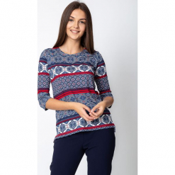 Granatowo-czerwona bluzka z orientalnym wzorem QUIOSQUE. Czerwone bluzki longsleeves QUIOSQUE, z nadrukiem, z dzianiny, klasyczne, z dekoltem w łódkę. Za 79,99 zł.