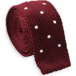 Dziergany Krawat Męski Knit w Białe Groszki, Kropki - 4,5 cm - Alties, Bordowy KRALTS0010. Czerwone krawaty męskie Alties, w paski, z jeansu, sportowe. Za 44,00 zł.